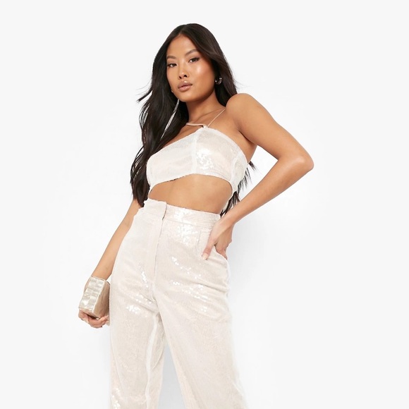 Ivory Sequin Strappy Cutout Crop Top Blouse - Picture 4 of 10